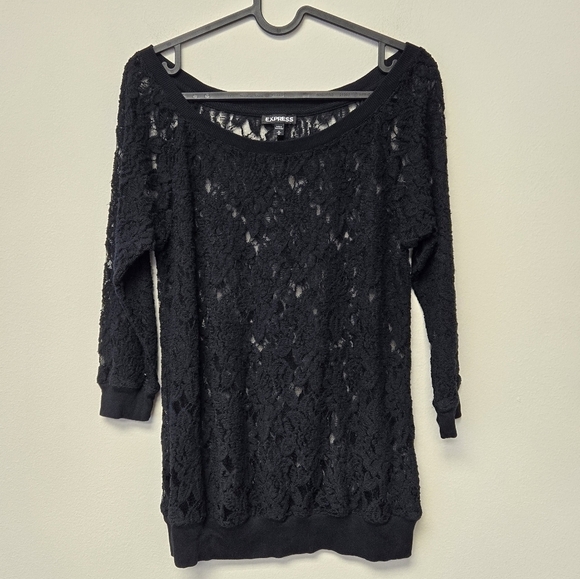 Express Lace Semi Sheer Top Black M - Picture 2 of 6